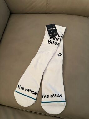 Stance White Crew Socks with Black Text and Blue Stripe - The Office